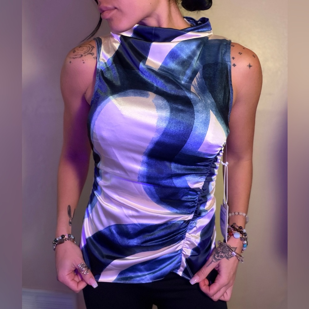 Nordstrom Parker Blue and White Abstract Satin Tank Top